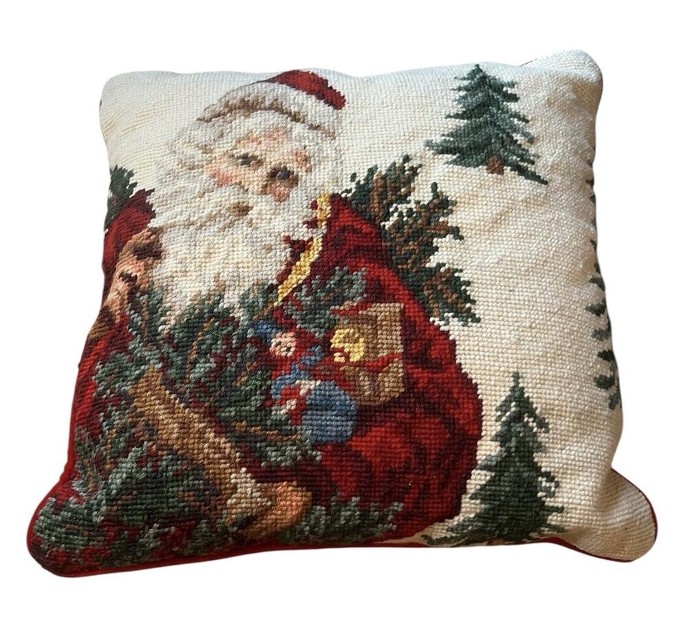 13" NEEDLEPOINT SANTA CLAUS Old Fashion CHRISTMAS THROW PILLOW CUSHION